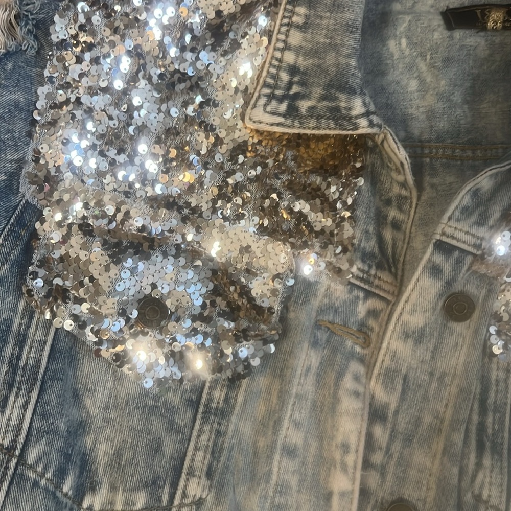 Denim Sequin Distressed Jacket - image 2